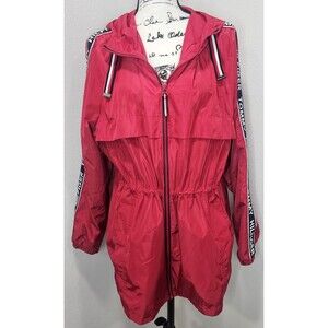 Tommy Hilfiger Women Anorak Jacket Windbreaker Logo Tape Sleeve Red Hooded Sz L
